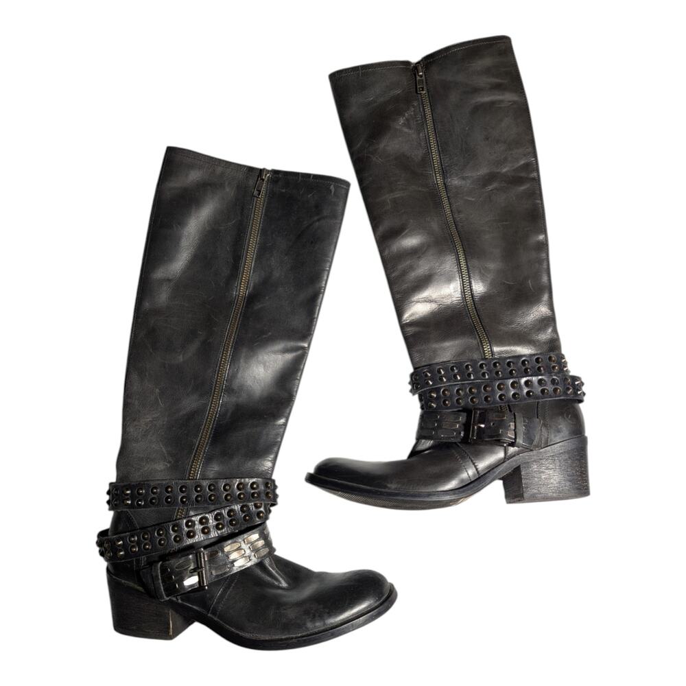 Bronx Black Leather Knee High Studded Harness Exposed Zip Biker Boots 37 6.5